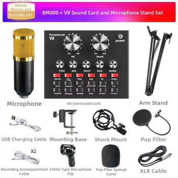 DESHENG BM-800+V8 Set interfață audio cu microfon condensator cu diafragmă mare, 2.1 canale, 20Hz–20kHz, SNR ≥85dB, baterie integrată