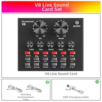 DESHENG BM-800+V8 Set interfață audio cu microfon condensator cu diafragmă mare, 2.1 canale, 20Hz–20kHz, SNR ≥85dB, baterie integrată