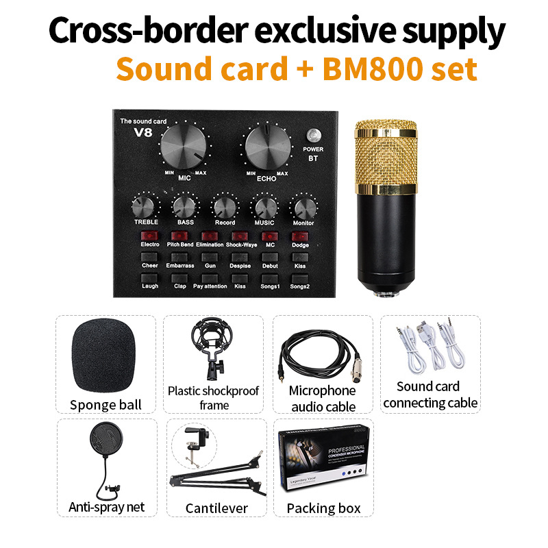 DESHENG BM-800+V8 Set interfață audio cu microfon condensator cu diafragmă mare, 2.1 canale, 20Hz–20kHz, SNR ≥85dB, baterie integrată