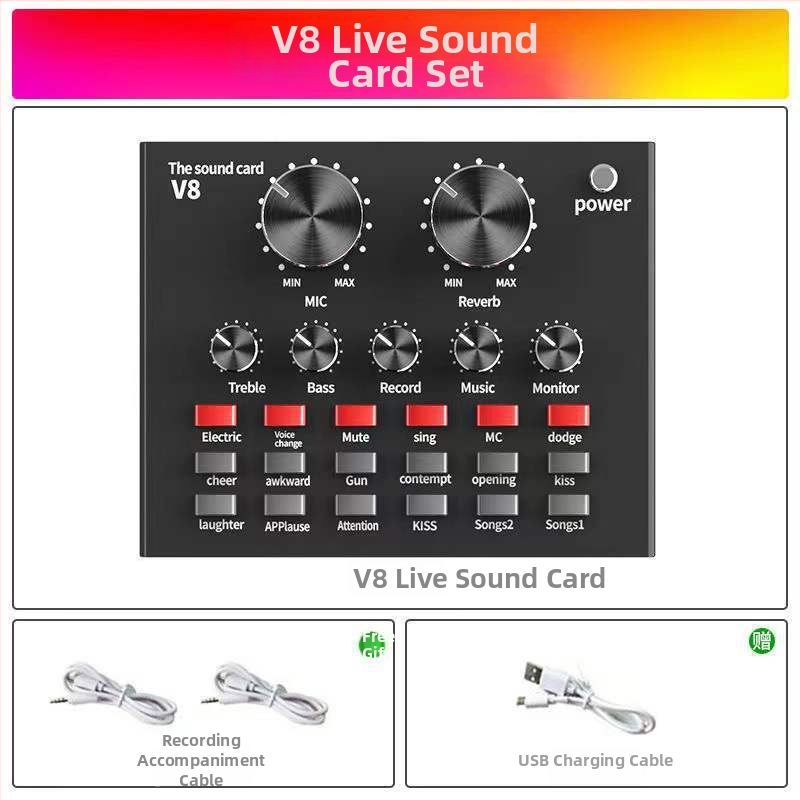 DESHENG BM-800+V8 Set interfață audio cu microfon condensator cu diafragmă mare, 2.1 canale, 20Hz–20kHz, SNR ≥85dB, baterie integrată