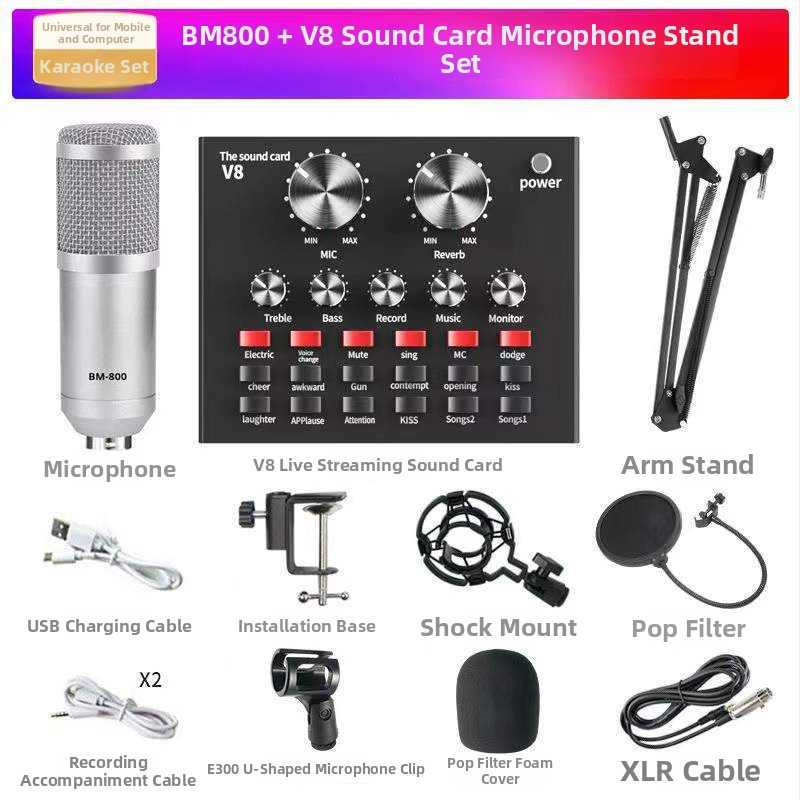 DESHENG BM-800+V8 Set interfață audio cu microfon condensator cu diafragmă mare, 2.1 canale, 20Hz–20kHz, SNR ≥85dB, baterie integrată