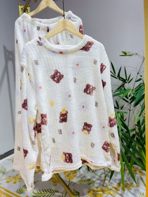 Set de pijama pentru femei, iarnă, din fleece coral, croială lejeră, top pulover cu guler rotund și mâneci lungi, pantaloni