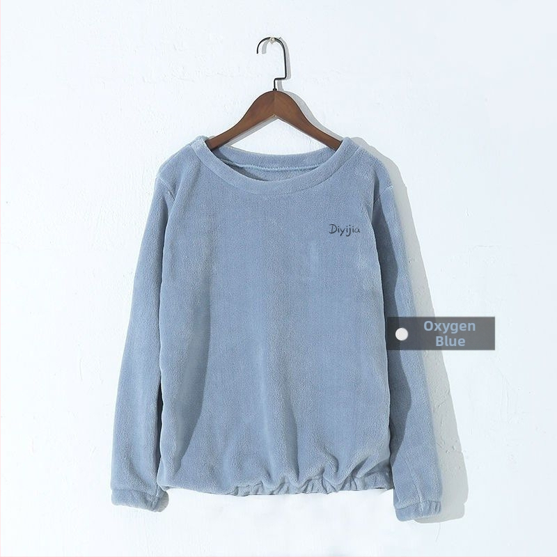 Set de pijama pentru femei, iarnă, din fleece coral, croială lejeră, top pulover cu guler rotund și mâneci lungi, pantaloni