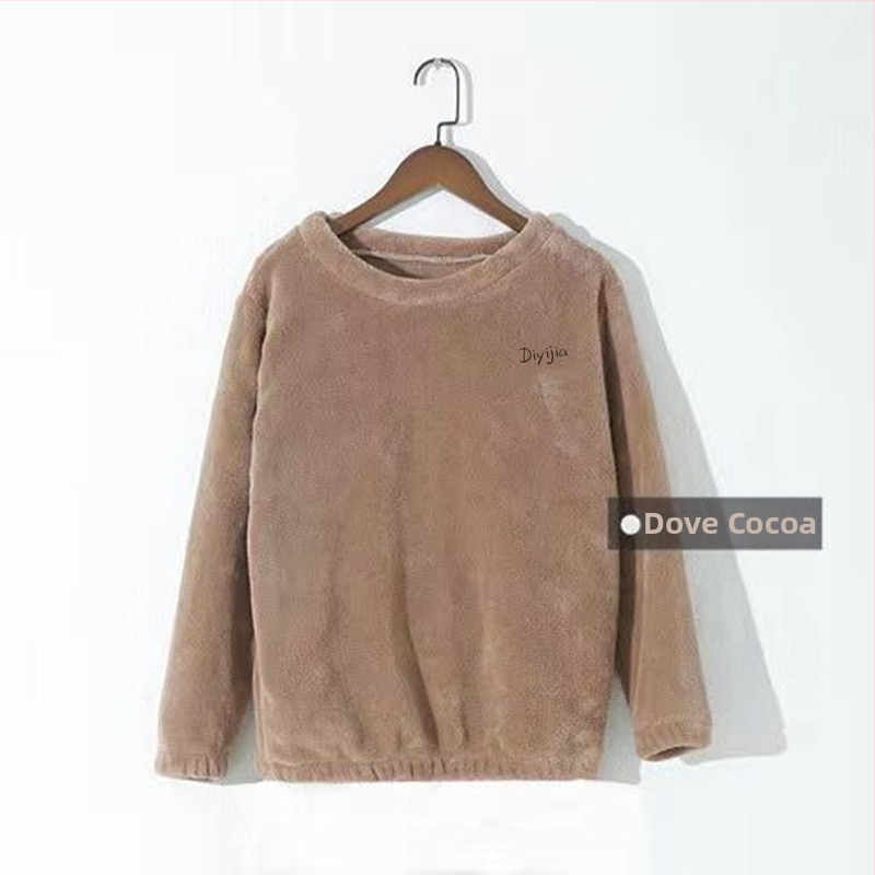 Set de pijama pentru femei, iarnă, din fleece coral, croială lejeră, top pulover cu guler rotund și mâneci lungi, pantaloni