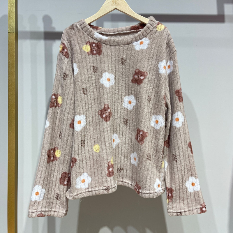 Set de pijama pentru femei, iarnă, din fleece coral, croială lejeră, top pulover cu guler rotund și mâneci lungi, pantaloni