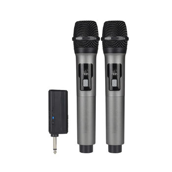 Kétmikrofonos vezeték nélküli mikrofonrendszer töltőállvánnyal otthoni karaokehoz, konferenciákhoz és kültéri rendezvényekhez • Bluetooth 5.0 • beépített 800–1000 mAh akkumulátor • 20 Hz–20 kHz • 8–12 óra • SNR ≥70 dB