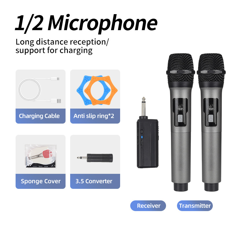 Kétmikrofonos vezeték nélküli mikrofonrendszer töltőállvánnyal otthoni karaokehoz, konferenciákhoz és kültéri rendezvényekhez • Bluetooth 5.0 • beépített 800–1000 mAh akkumulátor • 20 Hz–20 kHz • 8–12 óra • SNR ≥70 dB