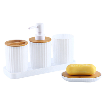 Pet dijelni kupaonski set od plastike i bambusa – čaše za četkicu za zube i za vodu, pladanj, mogućnost otiska logotipa