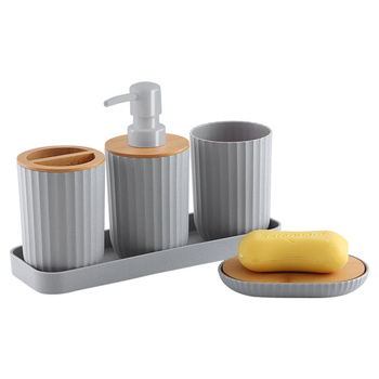 Pet dijelni kupaonski set od plastike i bambusa – čaše za četkicu za zube i za vodu, pladanj, mogućnost otiska logotipa