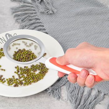 Sită din oțel inoxidabil pentru făină, diametru 9 cm, mâner antiderapant TPR, filtru pentru lapte de susan și soia; utilizări: spălarea susanului, cernerea făinii, filtrarea resturilor de ulei