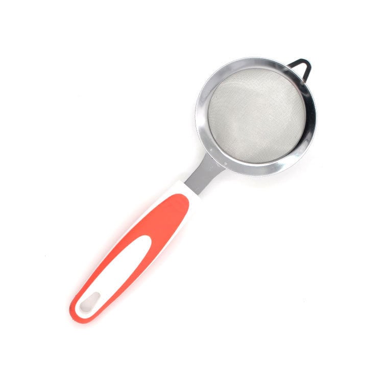 Sită din oțel inoxidabil pentru făină, diametru 9 cm, mâner antiderapant TPR, filtru pentru lapte de susan și soia; utilizări: spălarea susanului, cernerea făinii, filtrarea resturilor de ulei