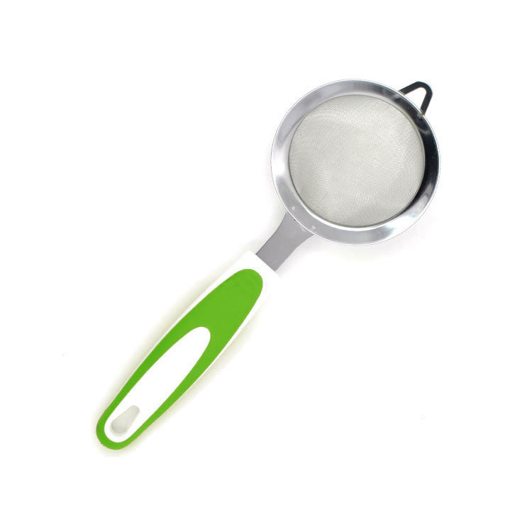 Sită din oțel inoxidabil pentru făină, diametru 9 cm, mâner antiderapant TPR, filtru pentru lapte de susan și soia; utilizări: spălarea susanului, cernerea făinii, filtrarea resturilor de ulei