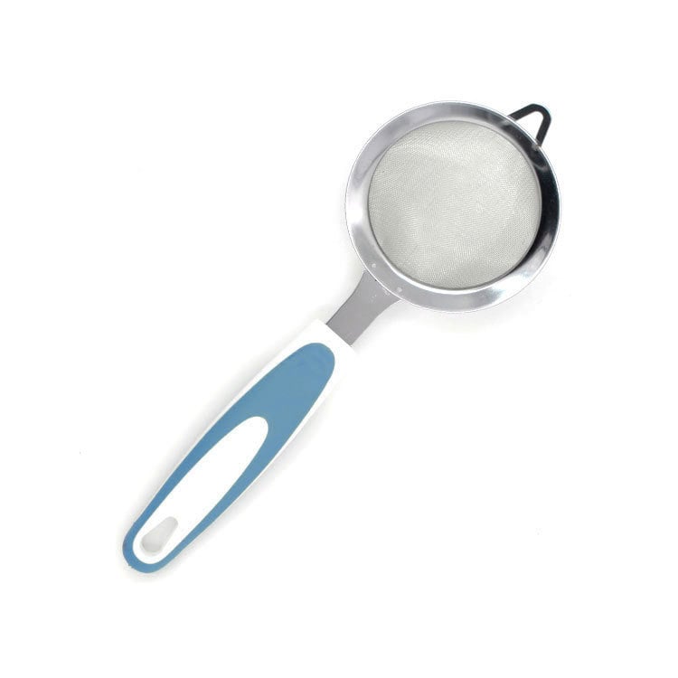Sită din oțel inoxidabil pentru făină, diametru 9 cm, mâner antiderapant TPR, filtru pentru lapte de susan și soia; utilizări: spălarea susanului, cernerea făinii, filtrarea resturilor de ulei