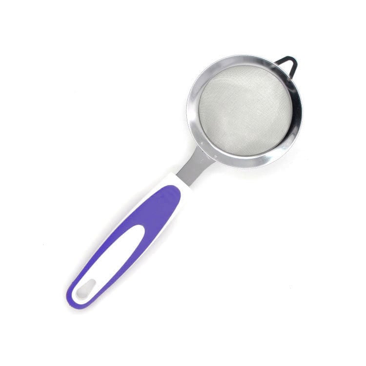 Sită din oțel inoxidabil pentru făină, diametru 9 cm, mâner antiderapant TPR, filtru pentru lapte de susan și soia; utilizări: spălarea susanului, cernerea făinii, filtrarea resturilor de ulei