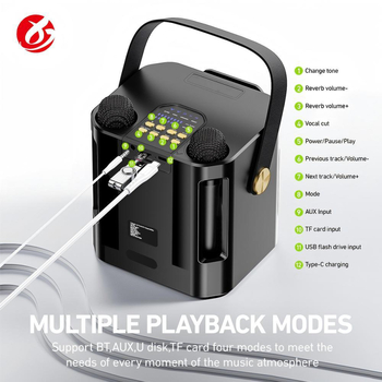 Karaoke Bluetooth zvučnik s dva mikrofona, ugrađena baterija 1200–2000 mAh, 10W, BT 5.0, 150–20000 Hz, SNR ≥85 dB