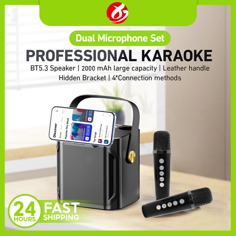 Karaoke Bluetooth zvučnik s dva mikrofona, ugrađena baterija 1200–2000 mAh, 10W, BT 5.0, 150–20000 Hz, SNR ≥85 dB