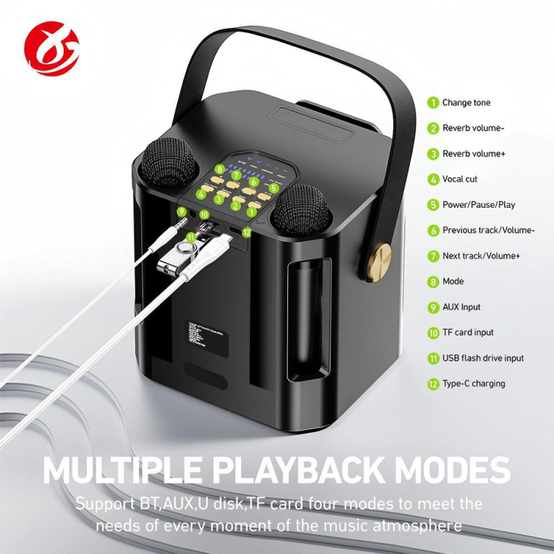 Karaoke Bluetooth zvučnik s dva mikrofona, ugrađena baterija 1200–2000 mAh, 10W, BT 5.0, 150–20000 Hz, SNR ≥85 dB