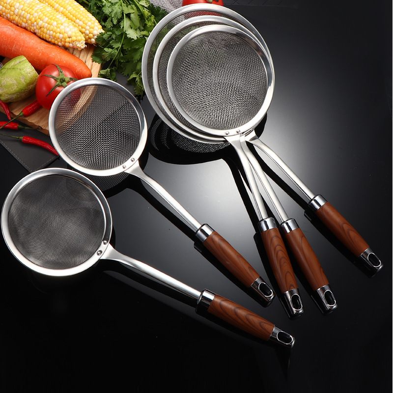 Rozsdamentes acélból készült hálós szűrőkanál konyhai használatra, szűri gyümölcslé üledéket és szójatejet