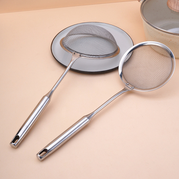 Konyhai szita rozsdamentes acélból, akasztóval és kerek fogantyúval, liszt és olaj szűrésére