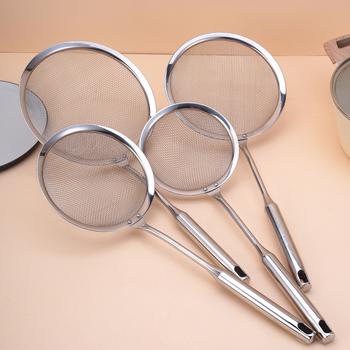Konyhai szita rozsdamentes acélból, akasztóval és kerek fogantyúval, liszt és olaj szűrésére