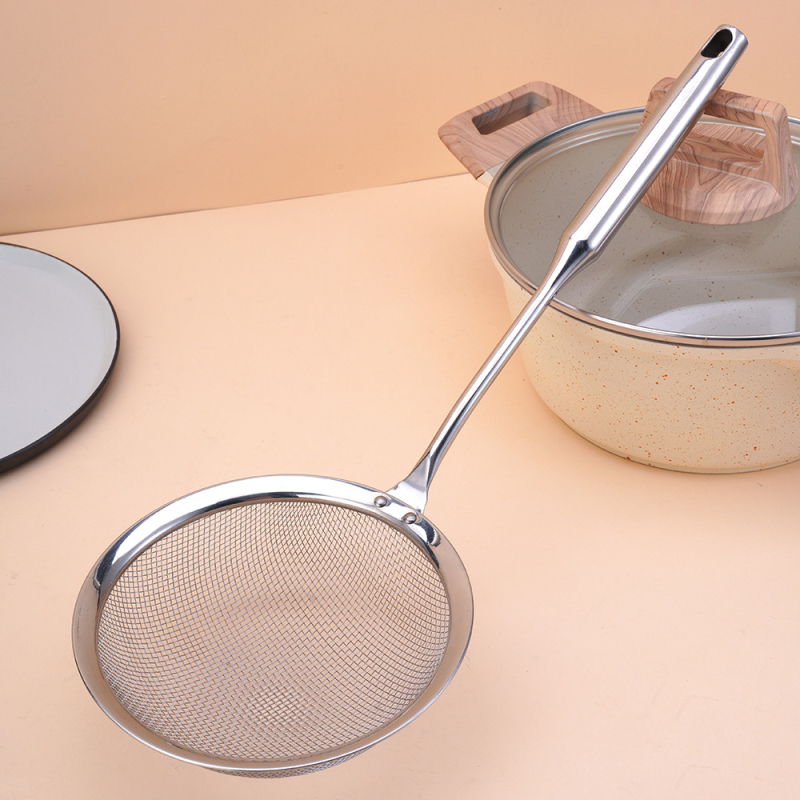 Konyhai szita rozsdamentes acélból, akasztóval és kerek fogantyúval, liszt és olaj szűrésére
