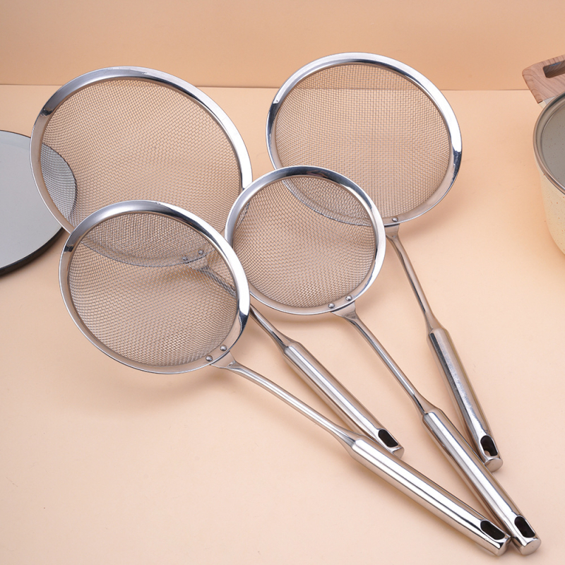 Konyhai szita rozsdamentes acélból, akasztóval és kerek fogantyúval, liszt és olaj szűrésére