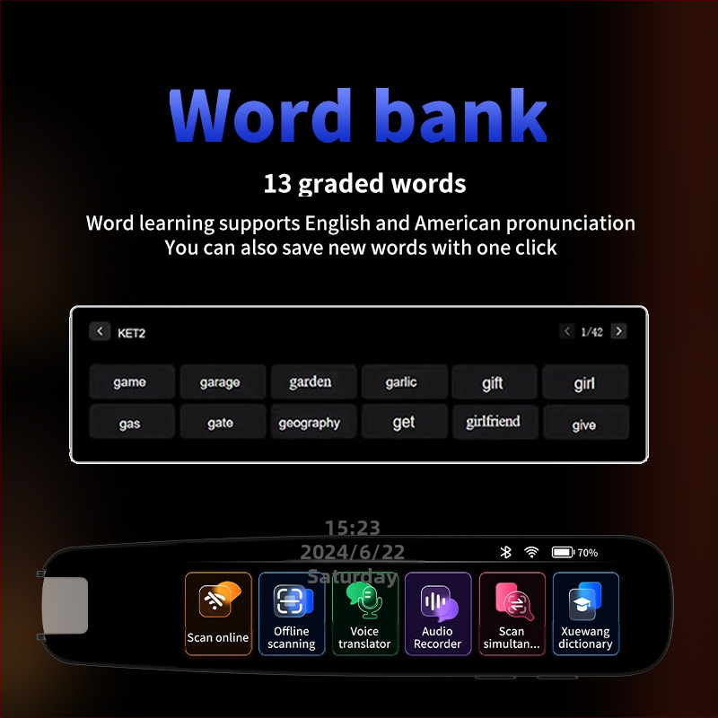 Stilou de scanare cu traducere — model A33D, corp ABS, baterie Li-ion reîncărcabilă, greutate 145 g, dispozitiv de citire