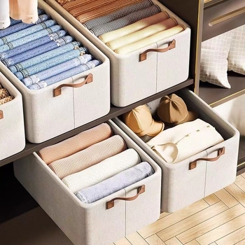 Cutie de depozitare haine, din bumbac și in, pliabilă, capacitate 20–30 L, de purtat în mână