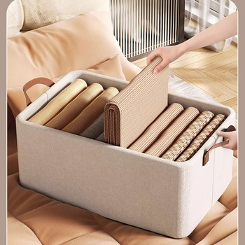 Cutie de depozitare haine, din bumbac și in, pliabilă, capacitate 20–30 L, de purtat în mână