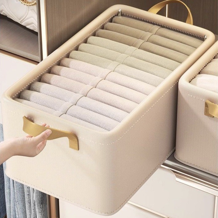 Cutie de depozitare haine, din bumbac și in, pliabilă, capacitate 20–30 L, de purtat în mână