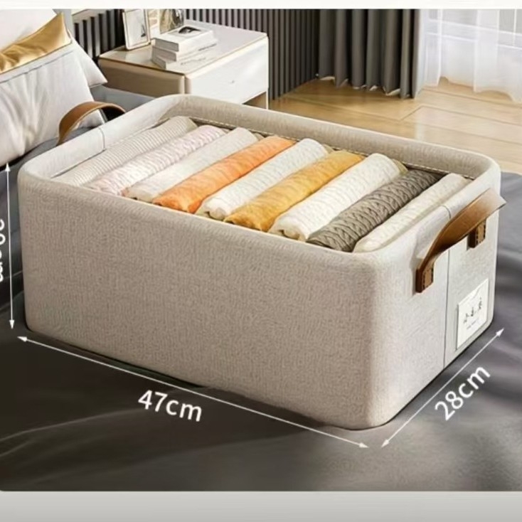 Cutie de depozitare haine, din bumbac și in, pliabilă, capacitate 20–30 L, de purtat în mână