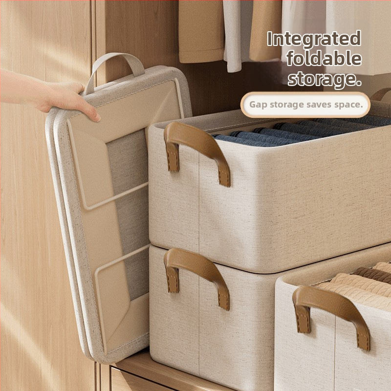 Cutie de depozitare haine, din bumbac și in, pliabilă, capacitate 20–30 L, de purtat în mână