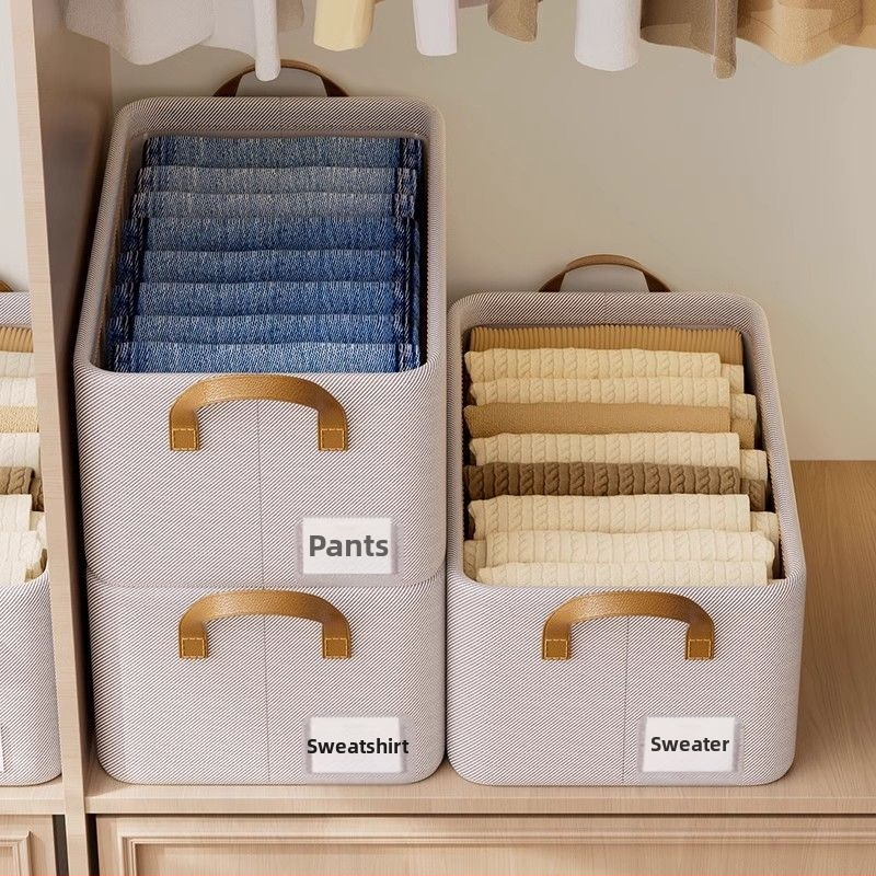 Cutie de depozitare haine, din bumbac și in, pliabilă, capacitate 20–30 L, de purtat în mână