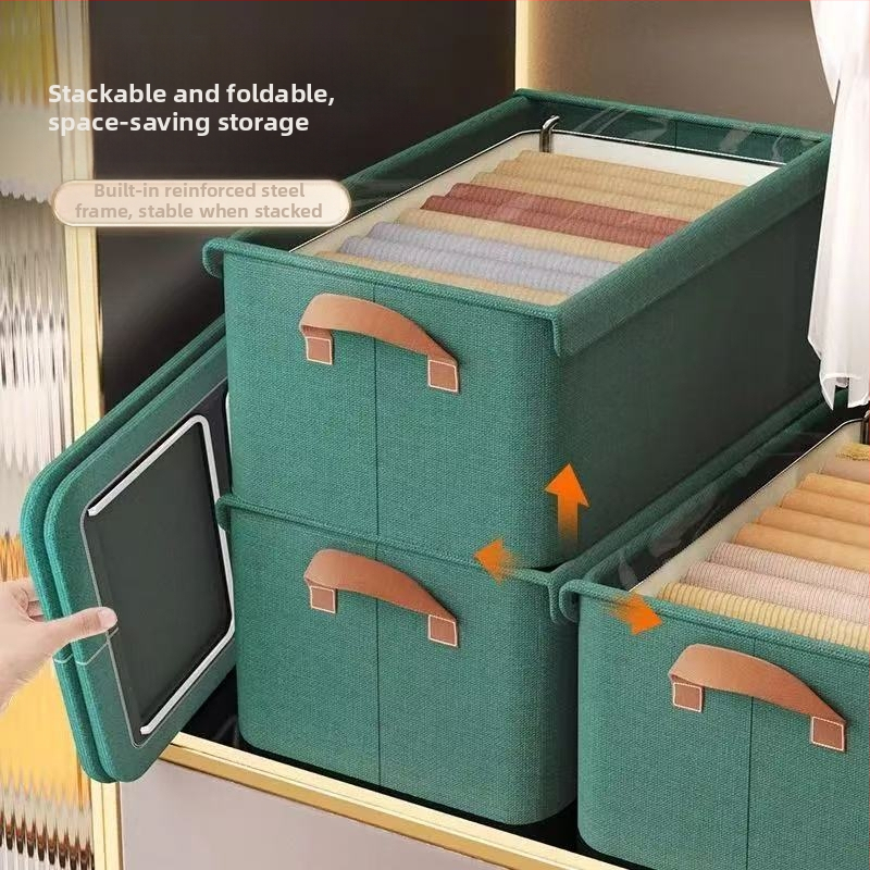 Cutie de depozitare haine, din bumbac și in, pliabilă, capacitate 20–30 L, de purtat în mână