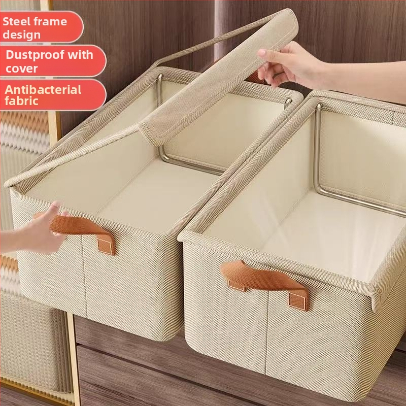 Cutie de depozitare haine, din bumbac și in, pliabilă, capacitate 20–30 L, de purtat în mână