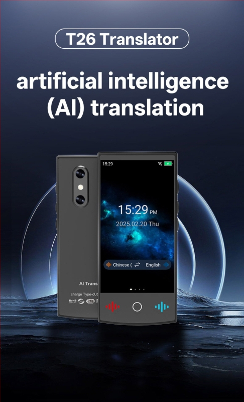 Traducător vocal inteligent cu Android, Bluetooth, rază de 10 m, ecran tactil + butoane — traducere vocală, traducere de fotografii, interpretare simultană, ChatGPT