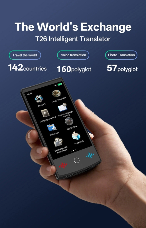 Traducător vocal inteligent cu Android, Bluetooth, rază de 10 m, ecran tactil + butoane — traducere vocală, traducere de fotografii, interpretare simultană, ChatGPT