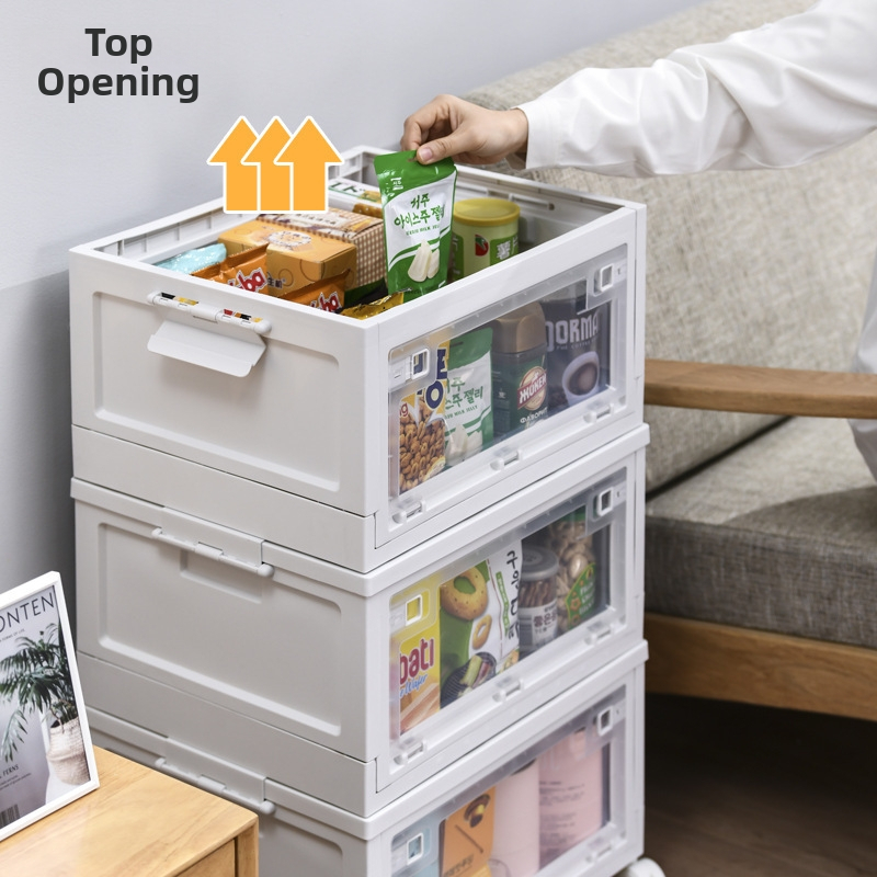 Cutie de depozitare pliabilă, cu capac și roți, stil japonez, plastic PP+POM, închidere cu snap