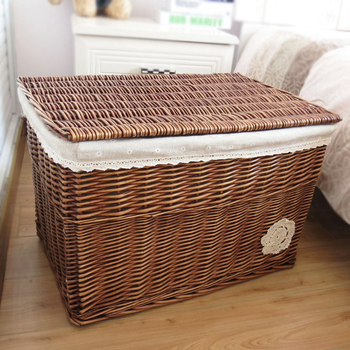 Coș de depozitare din răchită cu capac, capacitate mare 50 L, de purtat în mână, nepliabil