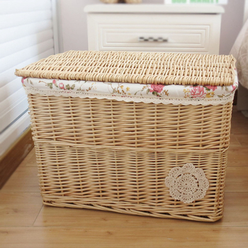 Coș de depozitare din răchită cu capac, capacitate mare 50 L, de purtat în mână, nepliabil