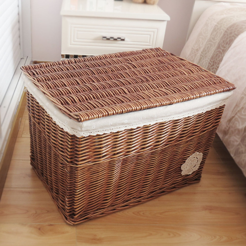 Coș de depozitare din răchită cu capac, capacitate mare 50 L, de purtat în mână, nepliabil