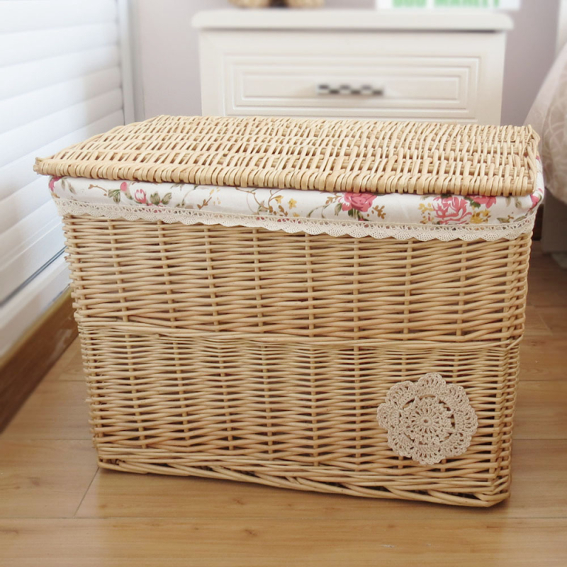 Coș de depozitare din răchită cu capac, capacitate mare 50 L, de purtat în mână, nepliabil