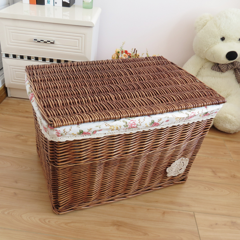 Coș de depozitare din răchită cu capac, capacitate mare 50 L, de purtat în mână, nepliabil