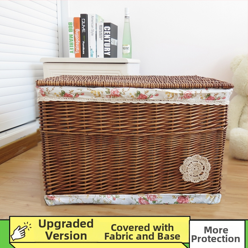 Coș de depozitare din răchită cu capac, capacitate mare 50 L, de purtat în mână, nepliabil