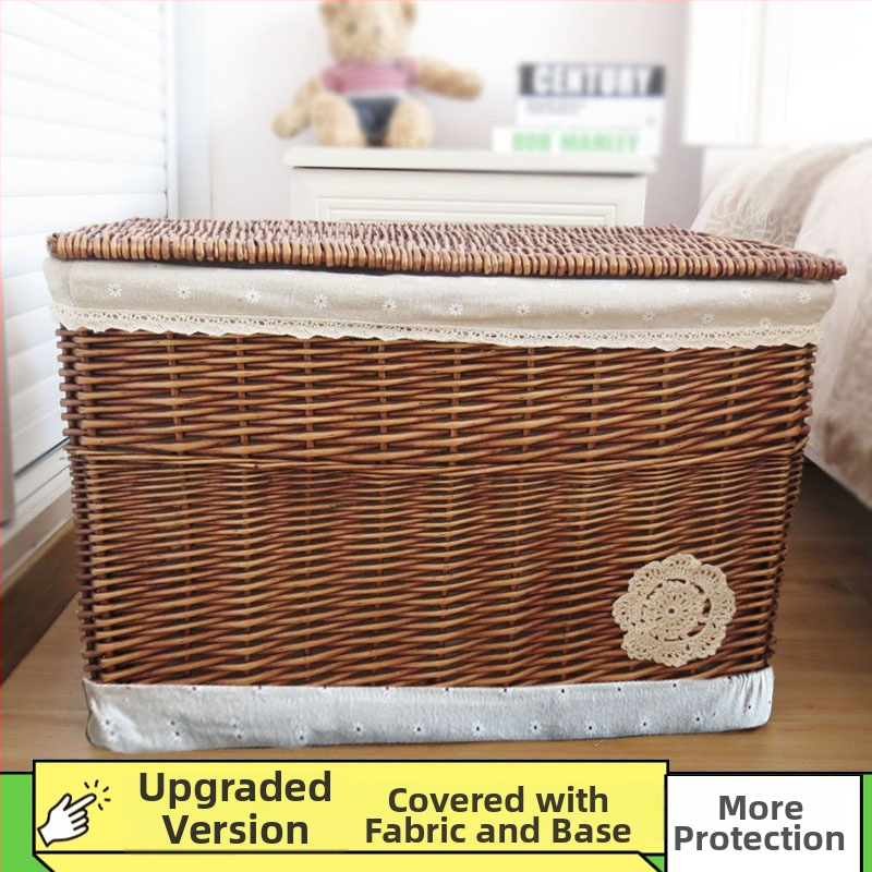 Coș de depozitare din răchită cu capac, capacitate mare 50 L, de purtat în mână, nepliabil