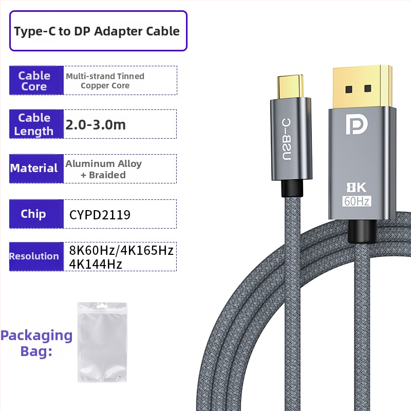 Cablu adaptor Type-C spre DP 1.4, transmisie stabilă 8K60Hz, conductor din cupru, lungime 2 m, cip inteligent