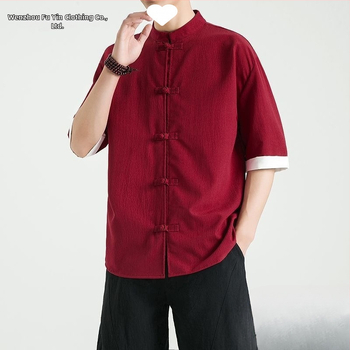 Cămașă din in cu guler stand, mâneci 3/4, nasturi, croială lejeră, 96% in