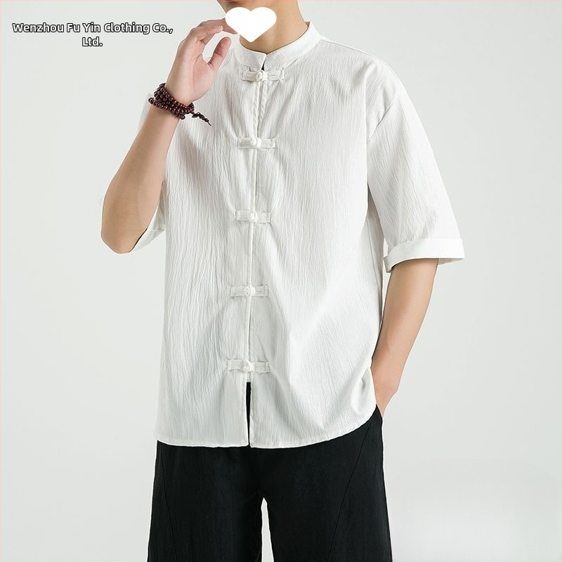 Cămașă din in cu guler stand, mâneci 3/4, nasturi, croială lejeră, 96% in