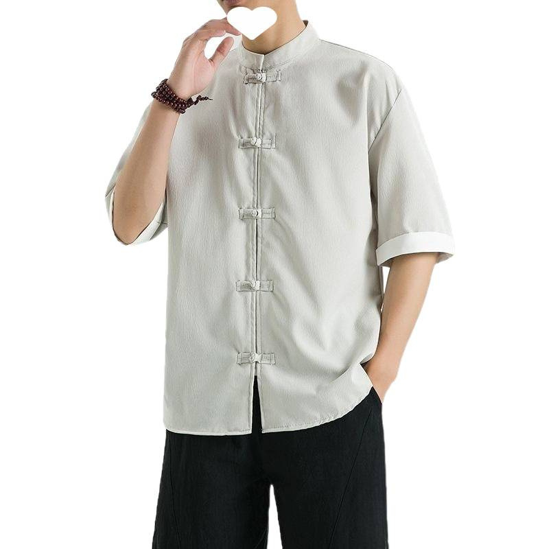 Cămașă din in cu guler stand, mâneci 3/4, nasturi, croială lejeră, 96% in