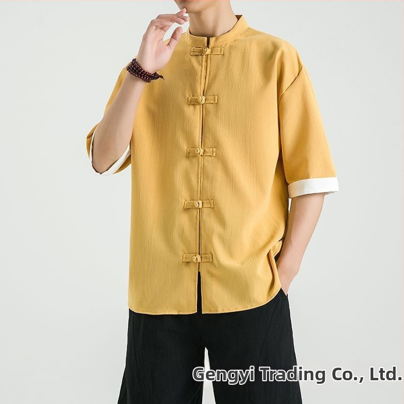 Cămașă din in cu guler stand, mâneci 3/4, nasturi, croială lejeră, 96% in